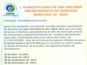 Municipio llama a cancelar cuotas de derechos de aseo.